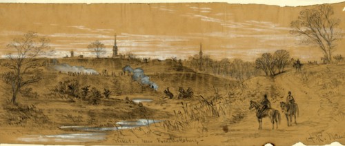 Pickets near Fredericksburg, 1862 ca. December, drawing on tan paper pencil and Chinese white, 12.3