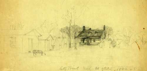 City Point Genl. Hd.qts, 1864-5, 1865, drawing on light olive paper pencil, 15.8 x 34.1 cm.