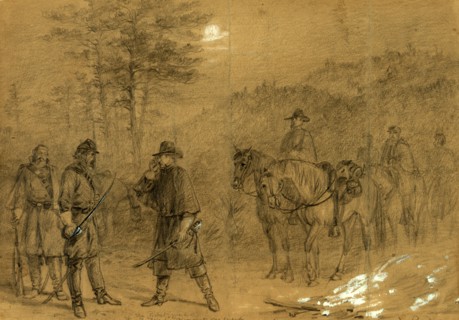 The picket guard. Who goes there Friends, Dismount one friend, advance and give the countersign,