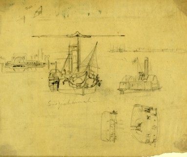 Five views of the Susquehannah and the Ceres, between 1860 and 1865, drawing on cream paper pencil,