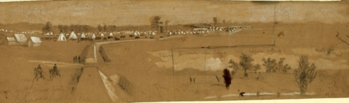 Camp of 1st Mass. Arty, Harrisons landing, 1862 July, drawing on tan paper pencil and Chinese
