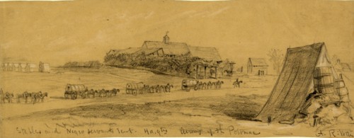 Stables and Negro servants tent, hd.qtrs Army of the Potomac, 1863 ca. March, drawing on tan paper