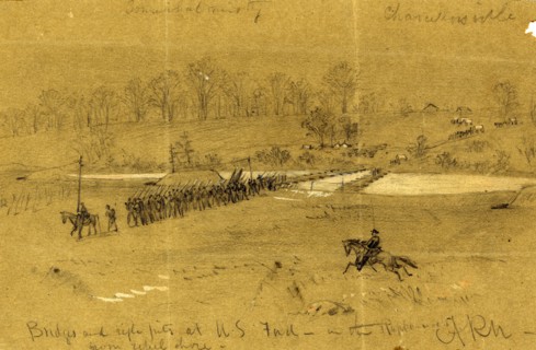 Bridges and rifle pits at U.S. Ford, in the Rappahannock from rebel shore, 1863 between April and