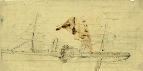 Steamship with sidewheel and two masts, between 1860 and 1865, drawing on cream lined paper pencil,