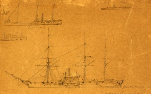 Five broadside views of steamships and a sailboat, between 1860 and 1865, drawing on brown paper