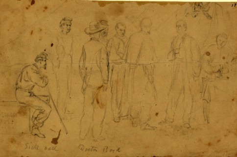 Sick call, Doctor Boyd, between 1860 and 1865, drawing on light brown paper pencil, 14.9 x 23.8 cm.