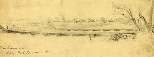 Pontoons near Kelly's Ford Va., 1863 November 7, drawing on cream paper pencil, 11.4 x 32.7 cm.