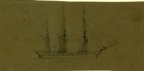 Supply, Broadside view of frigate, 1860-1865, drawing, 1862-1865, by Alfred R Waud, 1828-1891, an