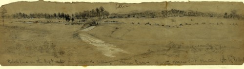 Rebel line on the left at the railroad cutting. Mine Run, opposite Warrens last position, 1863