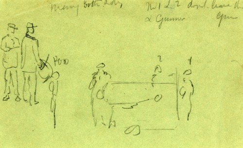 Artillery men, rough sketch of soldiers and cannon, 1860-1865, drawing, 1862-1865, by Alfred R