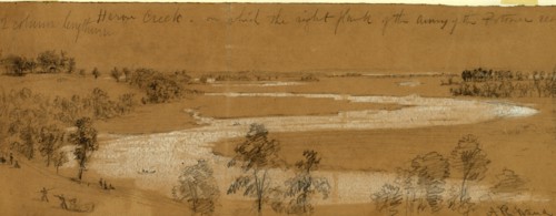 Heron Creek on which the right flank of the Army of the Potomac rests, 1862 July, drawing on tan