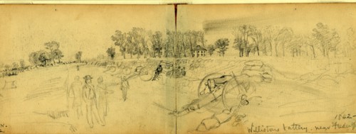 Cross the Rapidan, between 1860 and 1865, drawing on cream paper pencil, 9.8 x 18.3 cm. (sheet),