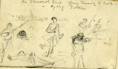 On skirmish line Officer turning to look at a dying soldier, between 1860 and 1865, drawing on
