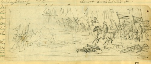 A Corps going into battle, possibly General Warren's V Corps at Mine Run, 1865?, drawing on white