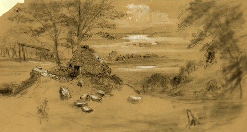 Ruined dwelling, town in distance, between 1860 and 1865, drawing on tan paper pencil and Chinese