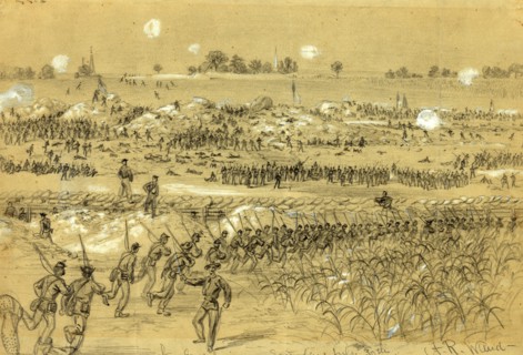 Scene of the explosion Saturday July 30th 1864, drawing, 1862-1865, by Alfred R Waud, 1828-1891, an