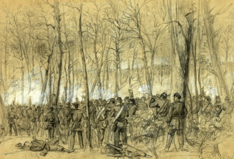Genl. Wadsworths division in action in the Wilderness, near the spot where the General was killed,