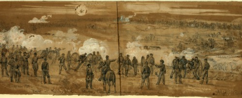 Fight at Kelly's Ford Sleepers battery, 1863 November 7, drawing on brown paper pencil and Chinese