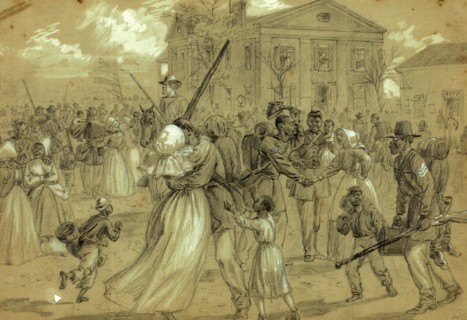 African American soldiers mustered out at Little Rock, Arkansas, 1866, drawing, 1862-1865, by