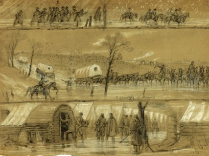 Why the Army of the Potomac doesn't move, 1862, drawing on green paper pencil and Chinese white, 24