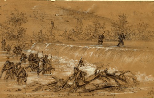 Straggling soldiers crossing the Rappahannock above the burnt bridge, 1863 October, drawing on tan
