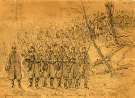 Going to the trenches, a sketch in Camp Winfield Scott. Before Yorktown, 1862 May, drawing on brown