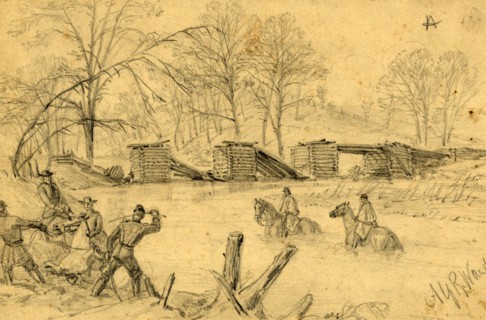 Soldiers on horseback crossing a river near a collapsed bridge, between 1860 and 1865, drawing on