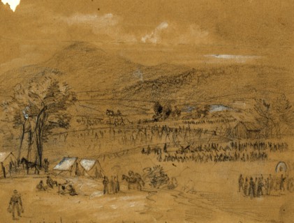Sugarloaf Mountain, MD, 1862 September, drawing on tan paper pencil and Chinese white, 11.4 x 15.4