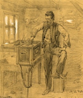 Signal Telegraph Machine and operator, Fredericksburg, 1862 ca. December, drawing, 1862-1865, by