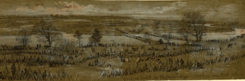 Bridges built for Reynolds Corps, sketched from Rebel rifle pits, 1863 April 28-30, drawing,