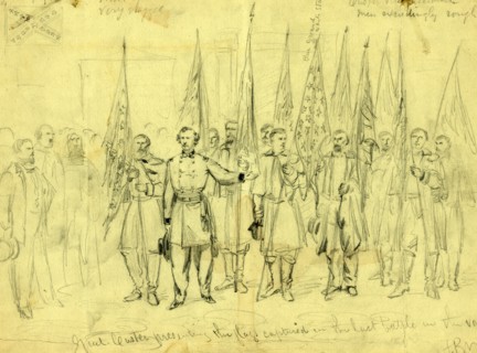 Genl. Custer presenting the flags captured in the last battle in the valley, 1864 October 23,
