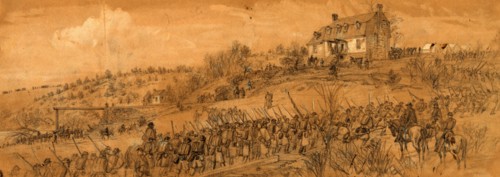 Scene at Germanna Ford, 6th Corps returning from Mine Run, 1863 November-December, drawing,