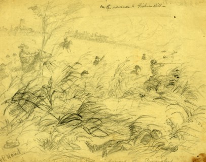 On the advance to Fishers Hill, 1864 September 22, drawing on tan paper pencil, 22.8 x 29.2 cm.