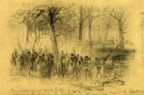 The rebels covered by a ledge of rock repulsing the troops on the right- in the woods beyond the