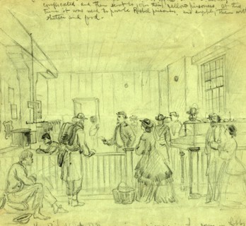Lt. Bishop A.P.M. receiving prisoners in the room in Libby where our soldiers used to be robbed by