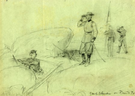 Genl Warren on Round Top, 1863 July 2, drawing on green paper pencil, 23.1 x 32.5 cm. (sheet),