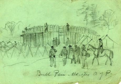 Bull Pen - Hd. qtrs A of P, between 1860 and 1865, drawing on blue-green paper pencil, 12.7 x 18.7