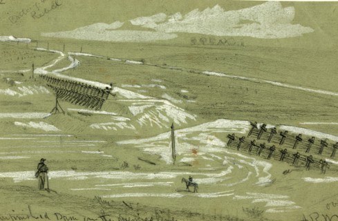 Unfinished dam on the enemies line, 1860-1865, drawing, 1862-1865, by Alfred R Waud, 1828-1891, an