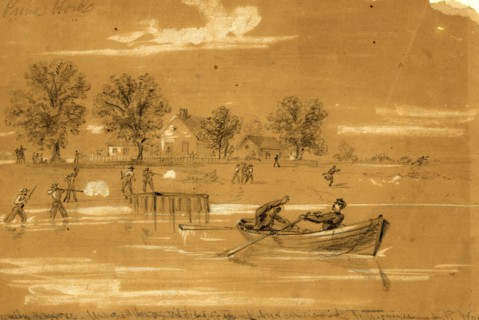 Guerilla warfare. Unarmed Union soldiers fired at by farmers on the James River, 1862 ca. July 8,