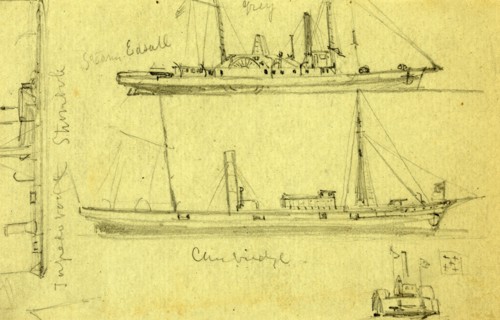 Sketches of four ships, between 1860 and 1865, drawing on light green paper pencil, 8.4 x 13.5 cm.