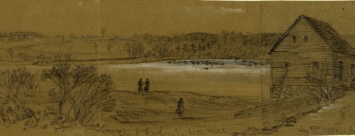 Blind Ford & Scotts Mill, 1863 ca. May 5, drawing on olive paper pencil and Chinese white, 12.2 x