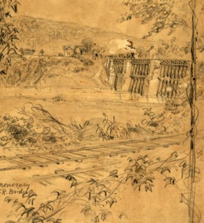 Monocacy R.R. Bridge, 1863 ca. June-July, drawing on tan paper pencil and Chinese white, 11.6 x 10