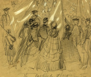The captured flags in the O, 1862 February, drawing on brown paper pencil and Chinese white, 13.8 x