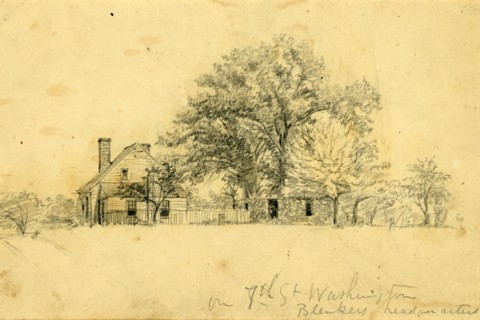 On 7th St. Washington, Blenkers headquarters, between 1862 and 1863, drawing on cream paper pencil,