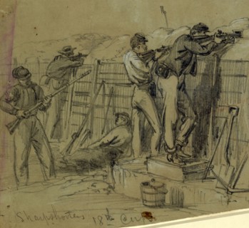 Sharpshooters 18th Corps, July 1864, drawing, 1862-1865, by Alfred R Waud, 1828-1891, an american