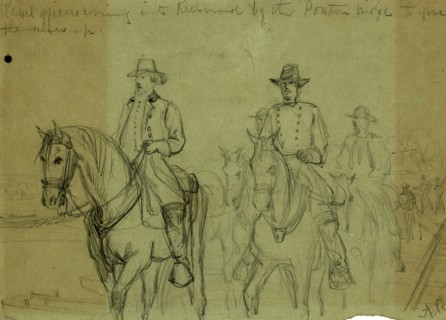 Rebel officers coming into Richmond by the ponton  bridge to give themselves up, April 1865,