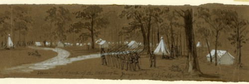 Scene in the camp of the Washington Greys. 8th N.Y.S.M, 1861 ca. April-August, drawing on olive
