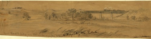 Genl. Haupts bridge over Potomac Creek Va, destroyed by the Rebels, 1863 ca. August, drawing on tan