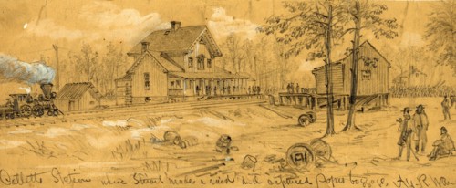 Catletts Station where Stuart made a raid and captured Popes baggage, drawing, 1862-1865, by Alfred