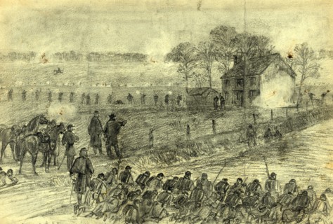 Scene at the late reconnaisance at Morton Ford, night, drawing, 1862-1865, by Alfred R Waud,